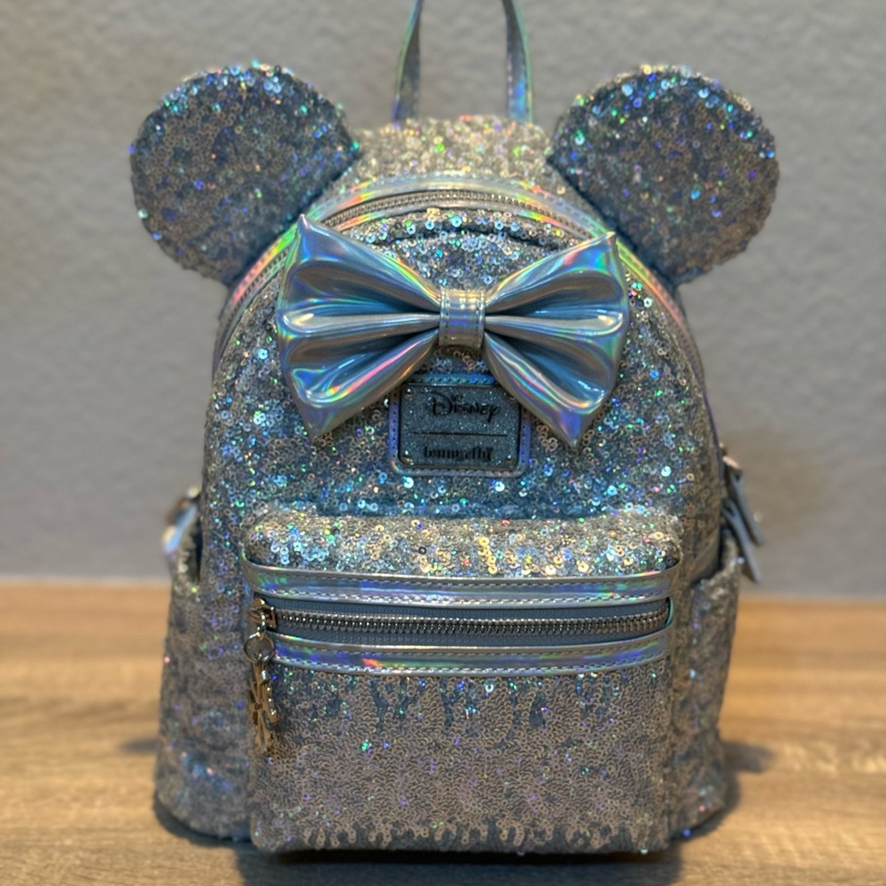 Disney Loungefly Holographic Silver Sequin Backpack